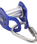 Close-up of a blue and silver component of a Heavy Duty Trolley Kit With Slackline Pulleys For Backyard Fun, featuring a carabiner.