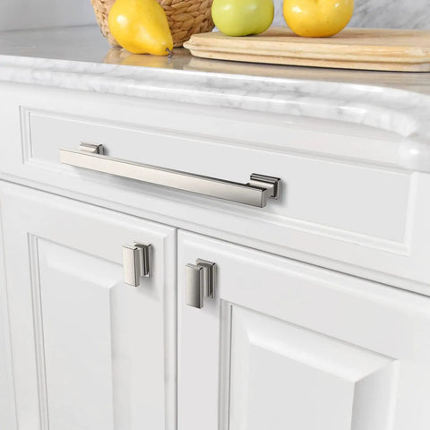 10 Pack Brushed Satin Nickel Cabinet Pulls 7 Inch Hole Centers installed on white kitchen cabinets with lemons on counter