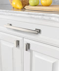 10 Pack 7 Inch Brushed Satin Nickel Cabinet Handles for kitchen cabinets and drawers installed on white cupboard