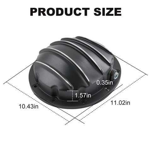 Rear Differential Cover For 10-Bolt Diffs With 8.5 Inch And 8.6 Inch Ring Gear, Fits Chevy GM Silverado 1500 Buick 1964 And Up, Black Die Cast Aluminum Cover With Girdle Gasket, Bolts, Drain Plug, showing dimensions 10.43in x 11.02in x 0.35in