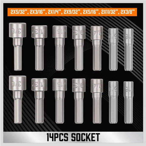All In One 124-Piece Magnetic Screwdriver Set With Plastic Racking, 14-piece socket sizes displayed, varying dimensions for DIY use.