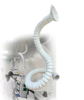 Rock Solid Stainless Steel Fume Hood With Flexible Gooseneck Extractor Arm, curved white arm mounted in laboratory for smoke extraction.