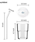 Real Deal Double Wall Glass Tumbler 13 Oz Heat Insulated Water Cup With Built Tough Glass Straw And Secure Lid on display with dimensions.