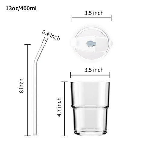 Real Deal Double Wall Glass Tumbler 13 Oz Heat Insulated Water Cup With Built Tough Glass Straw And Secure Lid on display with dimensions.