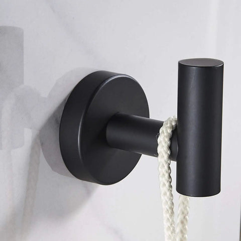 5 Piece Black Bathroom Hardware Set With Wall Mounted Towel Bar 24 Inch, Hand Towel Holder, Open Arm Toilet Paper Holder, Towel Ring And Towel Hook, SUS304 Stainless Steel Matte Black Finish towel hook close-up