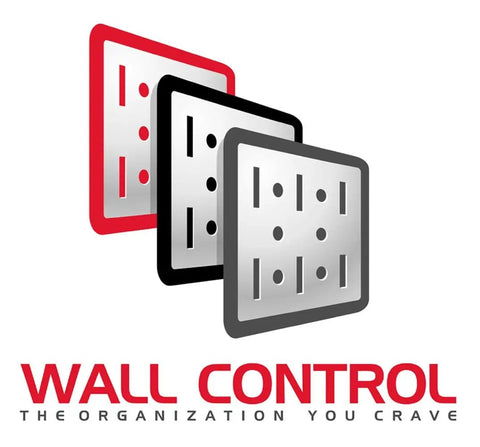 Wall Control logo with three overlapping red, black, and gray pegboard panels for organization solutions.