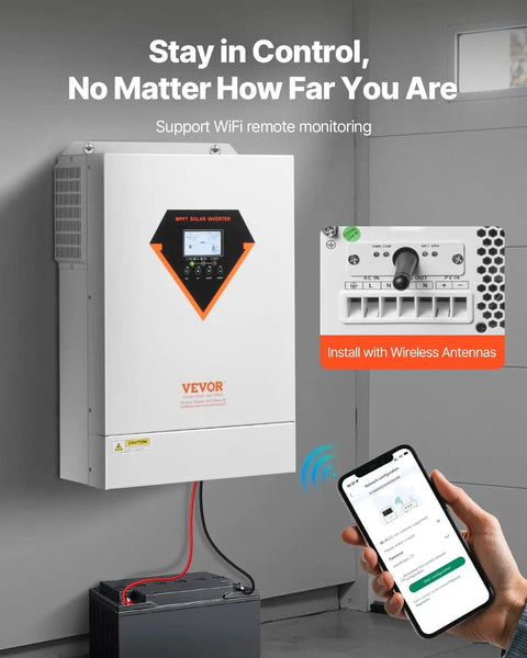 Beefy 6000W Hybrid Solar Inverter 48V DC to 230V AC with WiFi control, mounted on wall above battery, smartphone in hand.
