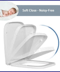 Top Shelf Square Soft Close Toilet Seat With Silent Glide Lid and Adjustable Swivel Hinges Tool Free Setup Secure Mount Durable White High Gloss Finish, showing soft close mechanism.