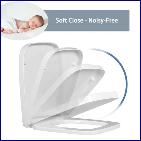 Top Shelf Square Soft Close Toilet Seat With Silent Glide Lid and Adjustable Swivel Hinges Tool Free Setup Secure Mount Durable White High Gloss Finish, showing soft close mechanism.