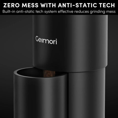 Wirsh Geimori T38 Plus Portable Electric Burr Coffee Grinder with Stepless Conical Burrs, showcasing anti-static tech for mess-free grinding.