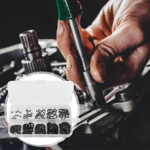 Close-up of 120 Pcs E Clips Assortment Set Heat Treated External Retaining Clips Manganese Steel Snap Rings Kit with tools