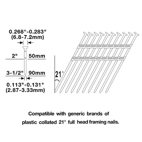 Workhorse Pneumatic Framing Nailer 21 Degree 3-1/2 In For Framing Subfloors Roof Decking Pallets And Shipping Crates Assembly With Plastic Collated Full Round Head Nails 2 To 3-1/2 In