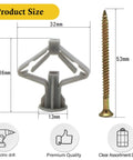 Self Drilling Drywall Anchor Kit With Screws For Hollow Walls And Gypsum Board Nylon Expansion Plugs No Fuss Setup Built Tough Quick Install Rock Solid Hold Job Ready Gear 100 Piece Pack size dimensions with gray nylon anchor and steel screw.