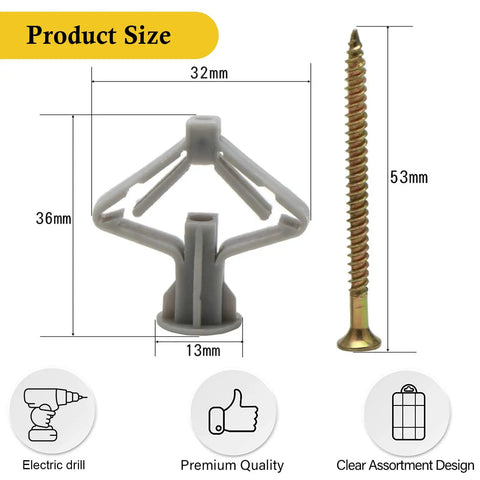 Self Drilling Drywall Anchor Kit With Screws For Hollow Walls And Gypsum Board Nylon Expansion Plugs No Fuss Setup Built Tough Quick Install Rock Solid Hold Job Ready Gear 100 Piece Pack size dimensions with gray nylon anchor and steel screw.