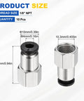 No Fuss 10 Pack Push To Connect Pneumatic Fittings One Eighth NPT Nickel Plated Brass Female Adapters For Four Millimeter
