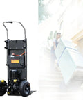 Heavy Duty Electric Stair Climber Hand Truck With 2200W Brushless Motor For Moving Heavy Loads Up Down Stairs Safely Featuring Silent Operation And High Capacity Aluminum Alloy Build To Save Your Back And Time Today on stairs with user loading a appliance.