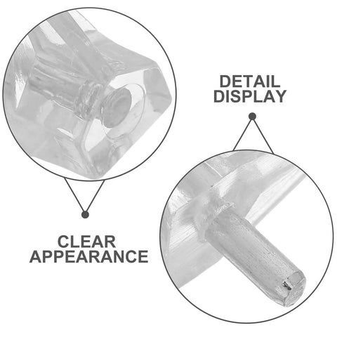 Close-up of clear plastic shelf pegs with 3mm diameter, detail display, Plastic Shelf Pegs Set 150 Pack 3mm Diameter With 0.11 Inch Hole Locking Design No Tool Quick Snap In Install Fits Kitchen Cabinets And Wardrobes Clear Durable Pegs To Minimize Sagging And Deformation