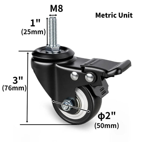 Top-Shelf 2 Inch Swivel Stem Casters With Brake, Grit Tough M8 Polyurethane Wheels For Furniture Upgrades And DIY Projects, Rock Solid Build Quality Includes Essential Mounting Hardware, 4 Pack showing detailed measurements.