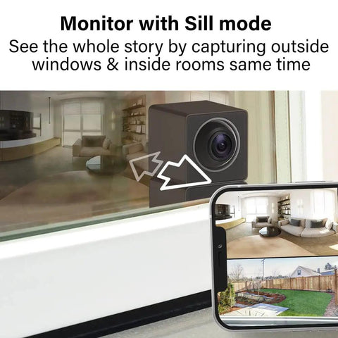 Full Coverage 360 Indoor Security Camera With Two Way Audio, 1080p HD Live Video showing interior and exterior views.