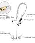 Pro Grade Wall Mount Pre Rinse Kitchen Faucet With Pull Down Sprayer, Brass Construction, Double Handle, Anti-leak Gasket