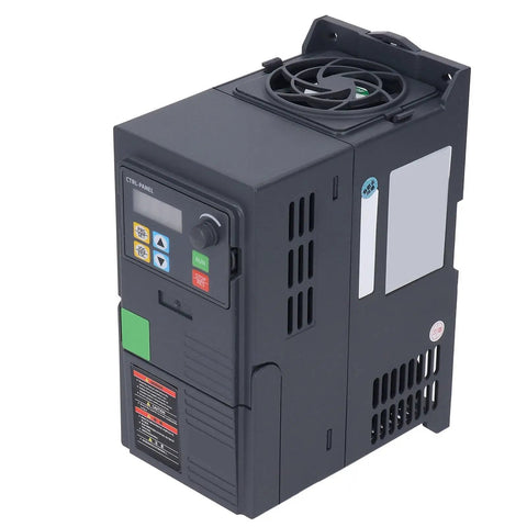 Pro Grade 3KW VFD Motor Controller With RS485 For 3 Phase AC 340 To 440V Industrial HVAC Pump And Fan Systems Digital Display Easy Setup Efficient Heat Sink, black unit with control panel and cooling fan