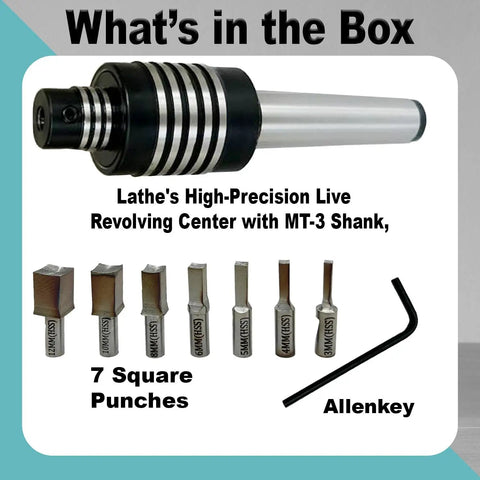 MT3 Rotary Broach Live Center Set For Lathe Machines with 7 HSS Square Broach Punches and allen key in packaging