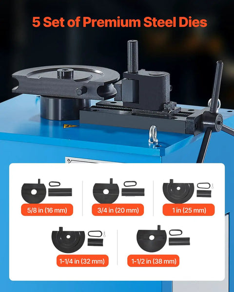 Heavy Duty Electric Tube Bender Machine 1.5 Kw Power Bends 5/8 To 1-1/2 Inch Pipes With Five Dies shown on blue unit.