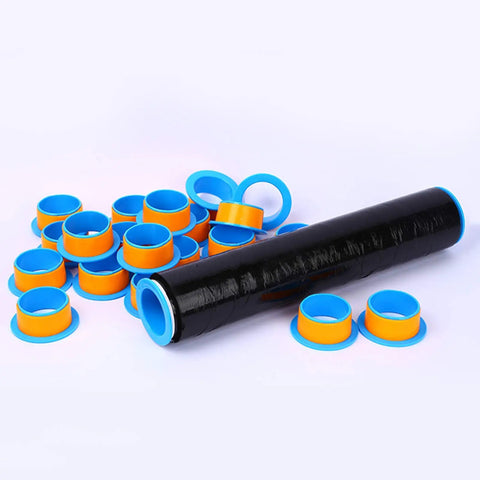 Two Pack Stretch Film Dispensers Hand Saver for 3 Inch Core Blue, Plastic Wrapping Tool for Faster, Tighter Wraps, Smooth Grip Handle, Protect Your Hands, Durable and Easy to Use, shown with stretch film roll