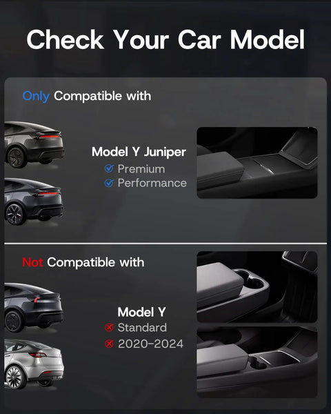 Image showing compatibility of Tesla Model Y Juniper Center Console Organizer Tray 2025 2026 with Premium and Performance models.