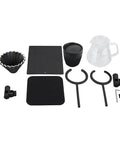 Slick Dual Tier Pour Over Coffee Stand Set With Premium Glass Carafe And Aluminum Hand Drip Brewing Rack, includes dripper and accessories.