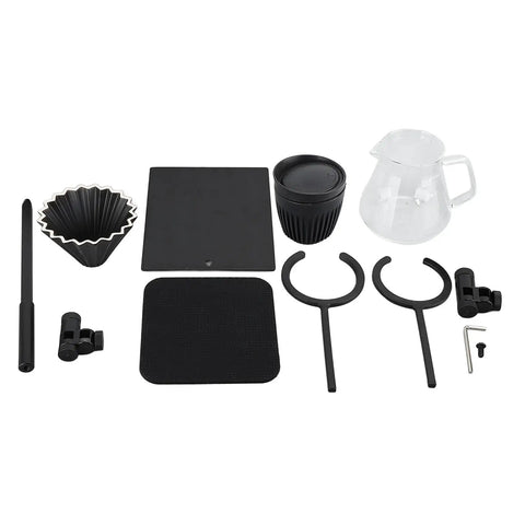 Adjustable Pour Over Coffee Brewer Stand With Double Tier Glass Carafe And Filter Cup Rack Smooth Swivel Base parts set layout.
