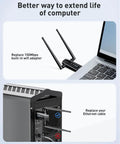 Fast 1300Mbps USB WiFi Adapter For PC And Laptop With Dual 5dBi Antennas shown connected to a laptop and a desktop computer.