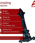 Black cast iron T hinge with decorative features for cabinets and doors, highlighted by Akatva with benefits text.