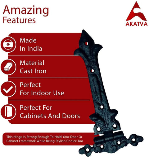 Black cast iron T hinge with decorative features for cabinets and doors, highlighted by Akatva with benefits text.