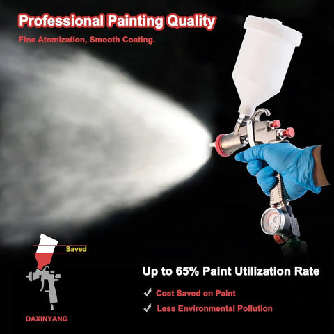Person using R500 LVLP Spray Gun With 1.3mm 1.5mm 1.7mm And 2.0mm Nozzles for efficient atomization and paint utilization.