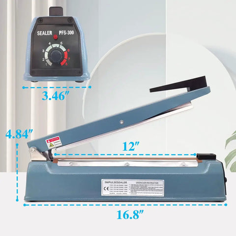 12 Inch 5mm Impulse Heat Sealer Machine With Replacement Parts Bundle showing dimensions and PFS-300 control panel