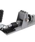 Straight Shooter 15 Degree Pocket Hole Jig Kit Featuring Single Side Access For Hassle Free Cabinet Building And Dead On Alignment Crafted From Heavy Duty Aluminum Construction, side view of tool with a black handle.