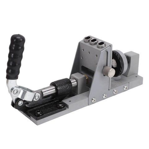 Straight Shooter 15 Degree Pocket Hole Jig Kit Featuring Single Side Access For Hassle Free Cabinet Building And Dead On Alignment Crafted From Heavy Duty Aluminum Construction, side view of tool with a black handle.
