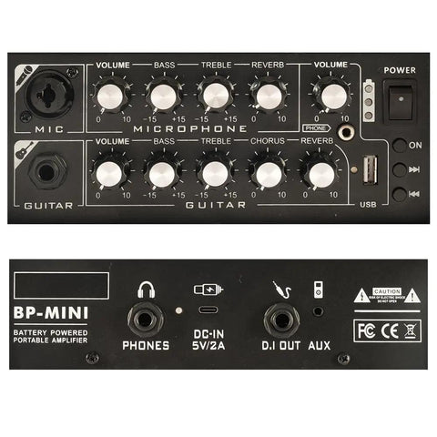 Control panel of Portable 30 Watt Acoustic Guitar Amp With Bluetooth Speaker, Rechargeable Battery, showing dual channel inputs.