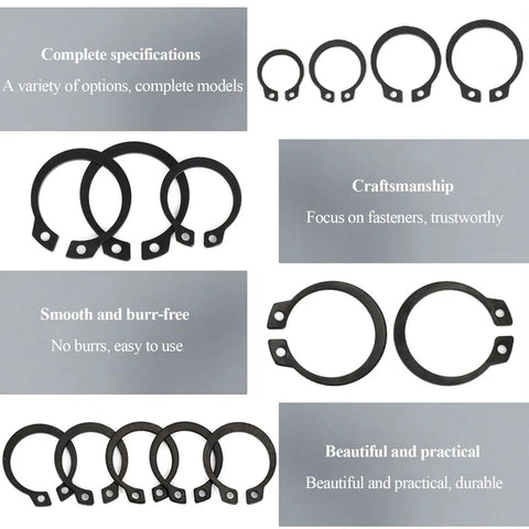 Solid 5-Piece Heavy Duty External Retaining Rings For Bearings And Gears Made From Tough 65Mn Steel With Black Plating To Resist High Temps And Rust, showing different sizes.