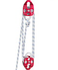 Heavy Duty Twin Sheave Block And Tackle With 1/2 Inch Braided Poly Rope and dual red aluminum pulleys for heavy hauling.