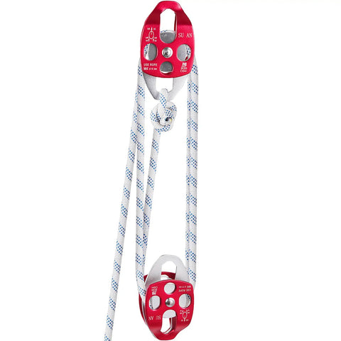 Heavy Duty Twin Sheave Block And Tackle With 1/2 Inch Braided Poly Rope and dual red aluminum pulleys for heavy hauling.