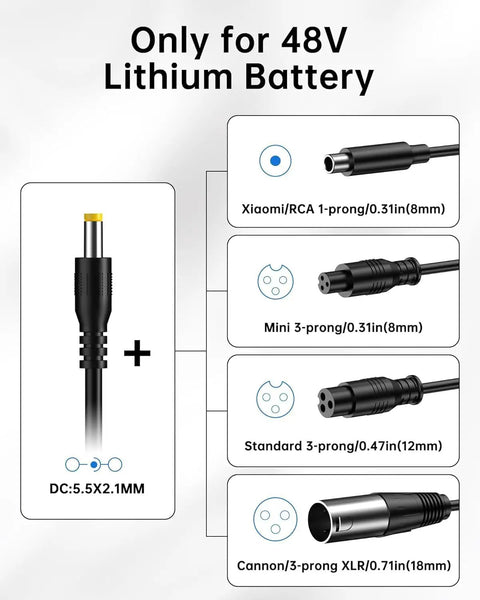 54.6V 2A Five Connector Electric Bike Charger For 48V Lithium Batteries Works With Lectric XP 2.0 And 3.0 Ecotric City Beach Evercross H5 H7 Ebikes And More With Wide Input 100 240V For Fast Plug And Play Home Charging
