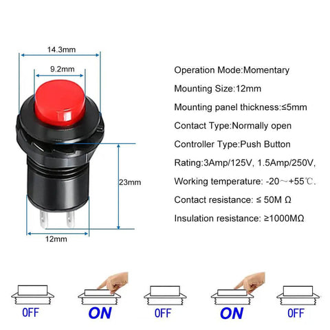 Diagram of 24 Pack 12mm Momentary Push Button Switch SPST On Off AC 250V 1.5A 125V 3A Lockless in red with measurements