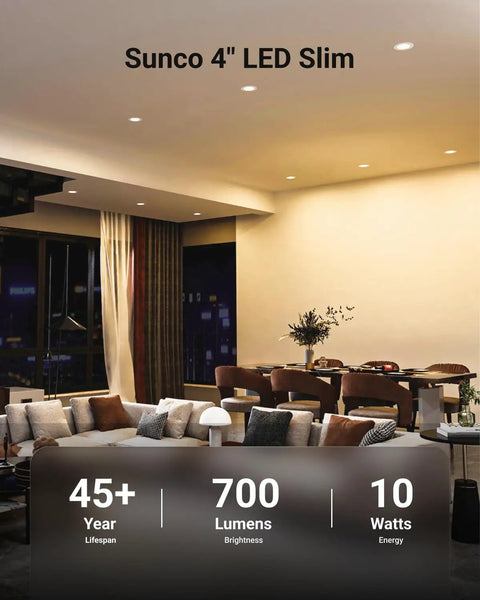 Living room with ceiling lit by 12 Pack 4 Inch LED Recessed Downlights Slim Canless Ceiling Lighting 700 Lumens 10W 5000K Daylight