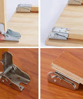 90 Degree Self Locking Folding Hinge Bracket Set For Table Leg Extensions Hidden Bracket Hinge in use on wood surfaces.