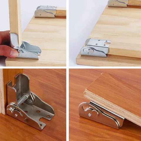 90 Degree Self Locking Folding Hinge Bracket Set For Table Leg Extensions Hidden Bracket Hinge in use on wood surfaces.