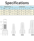 Rock Solid 120 Pack Closed End Crimp Connectors For Electric Pros. Heavy Duty Nylon Insulated Tips In 22-16, 16-14 And 12-10 Gauge Sizes Guarantee Snug Fits Plus Safety Certs That Keep Your Gear Short Circuit Free And Looking Sharp On Any Rig. Specifications chart for CE1 CE2 CE5 wire connector sizes