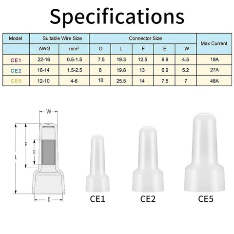 Rock Solid 120 Pack Closed End Crimp Connectors For Electric Pros. Heavy Duty Nylon Insulated Tips In 22-16, 16-14 And 12-10 Gauge Sizes Guarantee Snug Fits Plus Safety Certs That Keep Your Gear Short Circuit Free And Looking Sharp On Any Rig. Specifications chart for CE1 CE2 CE5 wire connector sizes