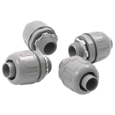 Heavy Duty Thirty Six Piece Half Inch PVC Liquidtight Straight Conduit Connectors For Electrical Wiring Jobs That Rock Solid And Dang Tough For Every Crew On The Site Today - four gray connectors with threaded ends.